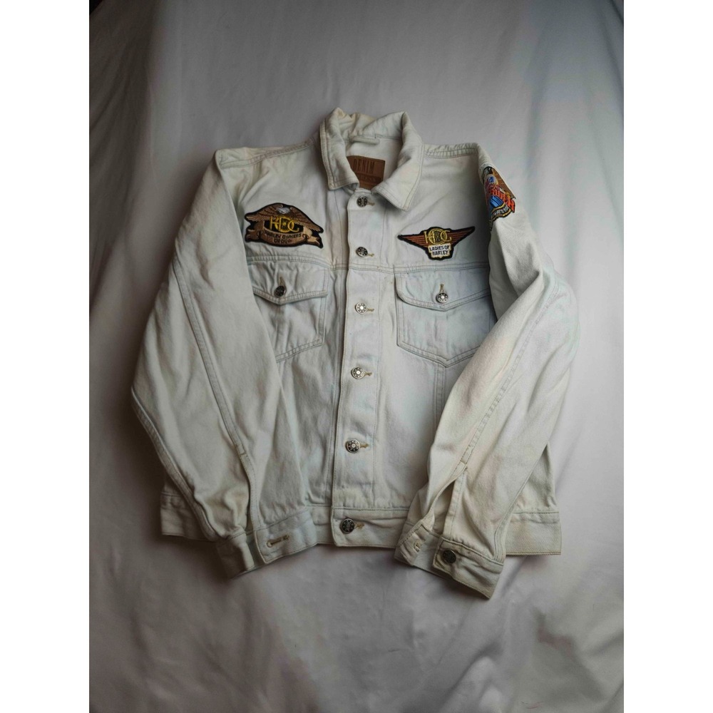 Denim Express Jean Jacket Mens Medium Off-White Woven Harley Davidson Patches